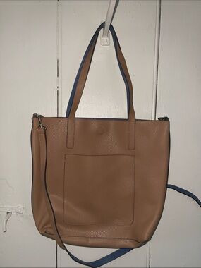 Women's Reversible Tan Tote Bag with Blue Trim